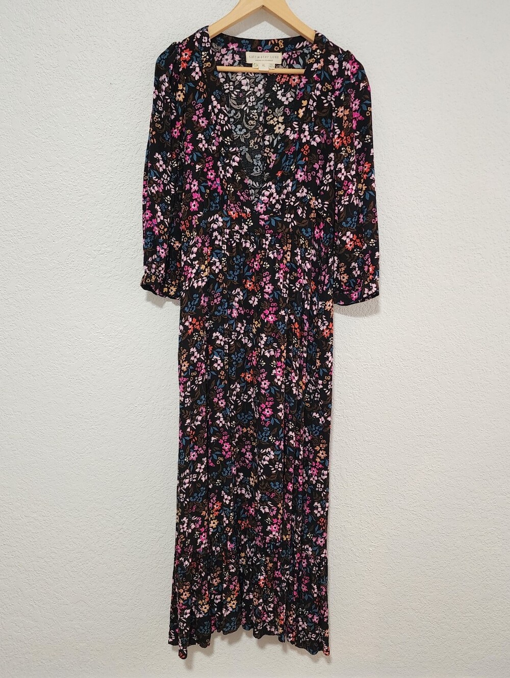 Saltwater Luxe Floral Deep V Neckline Maxi Dress XL Romantic Cottagecore